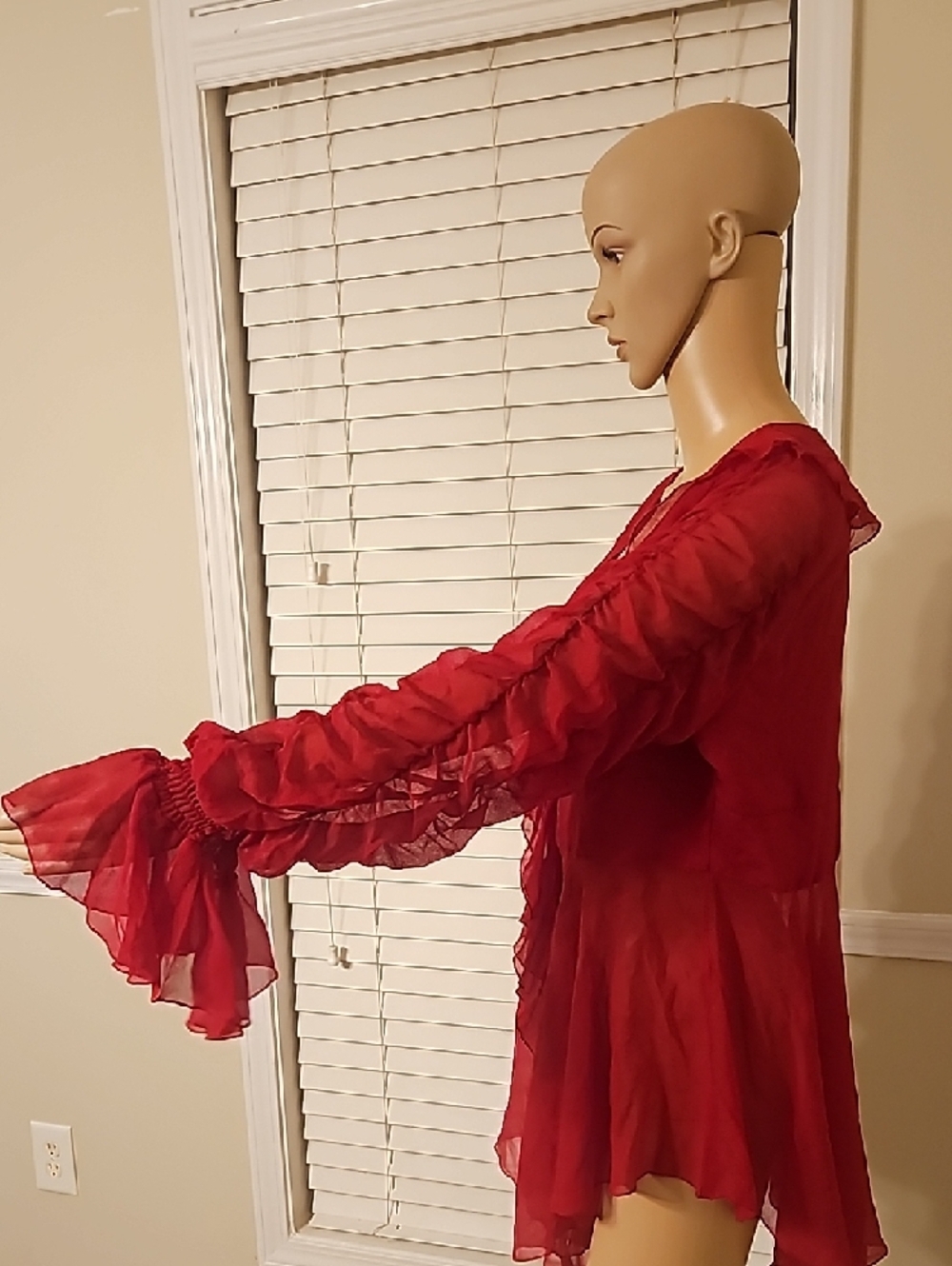 Red Ruffled Sheer Blouse - Picture 3 of 5